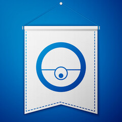 Blue Robot vacuum cleaner icon isolated on blue background. Home smart appliance for automatic vacuuming, digital device for house cleaning. White pennant template. Vector