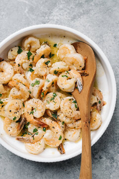Shrimp scampi in a serving bowl