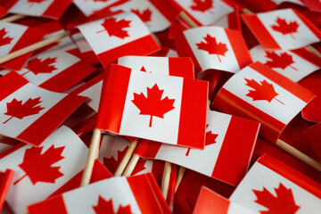Canadian flags flat lay, national day celebration.