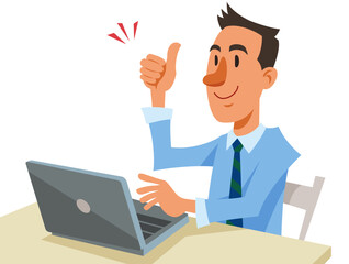 Fototapeta na wymiar Young businessman working on laptop. Happy with smile, showing thumb up. Vector illustration in flat cartoon style.