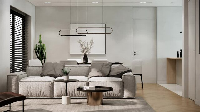 interior design of modern scandinavian room with furniture. contemporary apartment style. the room has large window, pan left shot video 4k animation