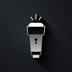 Silver Flashlight icon isolated on black background. Long shadow style. Vector