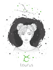 Taurus zodiac sign and constellation. Vector illustration with a beautiful horoscope symbol girl on grunge background. 