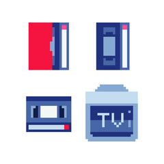 Video cassette and TV icons set Flat style. Pixel art. 8-bit. Isolated abstract vector illustration. Game assets. 