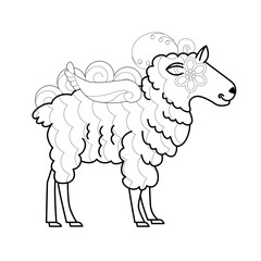 Contour linear illustration with animal for coloring book. Cute sheep, anti stress picture. Line art design for adult or kids  in zentangle style and coloring page.