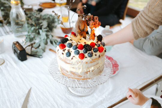 Birthday Cake With Forest Theme On A Table Indoors