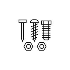 Bolt, nail, nut, rivet, screw icon in flat black line style, isolated on white background 