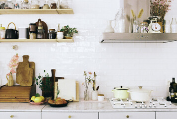Modern kitchen with vintage elements shot on film