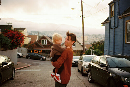 unsharp film image of father and son on a road in san francisco