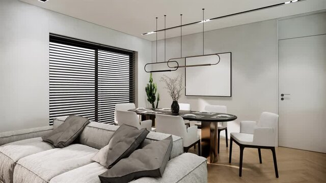 interior design of modern scandinavian room with furniture. contemporary apartment style. the room has large window, zoom out shot video 4k animation
