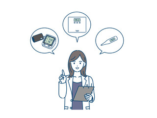 医者　女医　白衣を着た女性　健康チェック　体温　血圧　体重　イラスト素材