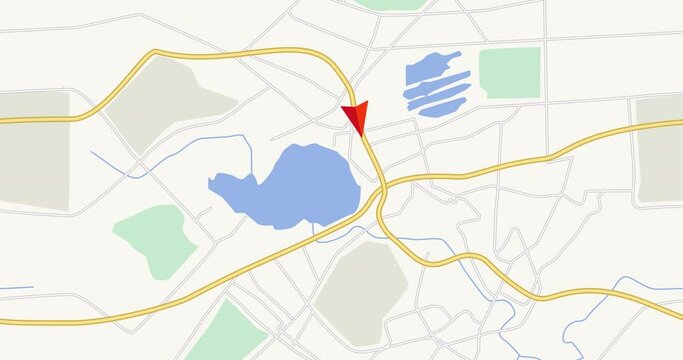 GPS tracking navigation concept. Map GPS-navigation system. Smartphone App Map. Seamless loop/ 4k animation of an app screen of traveling city map background with red arrow moving forward