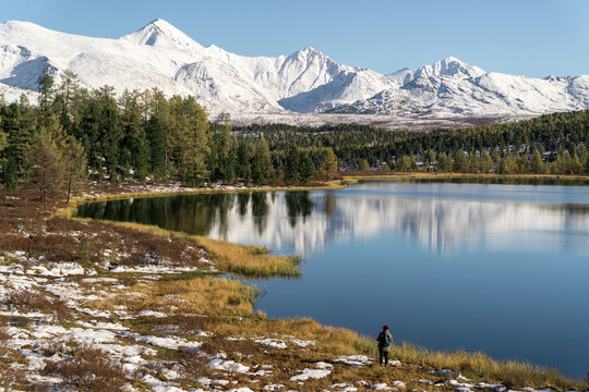 Human and vast mountain landscape