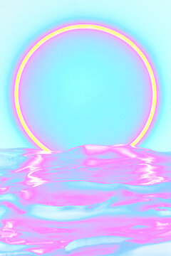 Abstract background with blue and pink neon light circle reflecting on the ground and the water