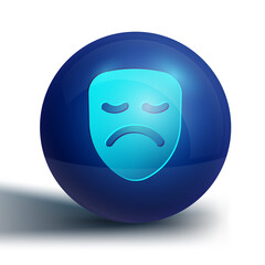 Blue Drama theatrical mask icon isolated on white background. Blue circle button. Vector