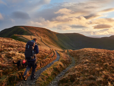 Walker and his dogs on route to High Street and High Raise at sunset.