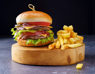 Hamburger with two cutlets on a light wooden board next to French fries