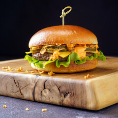 Cheeseburger on a thick light wooden stand