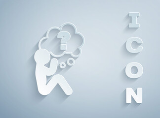 Paper cut Human head with question mark icon isolated on grey background. Paper art style. Vector