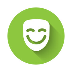 White Comedy theatrical mask icon isolated with long shadow background. Green circle button. Vector