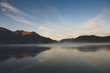 A morning mist in Autumn Lake Hayes, Queenstown, New Zealand
