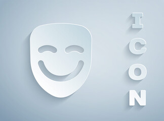 Paper cut Comedy theatrical mask icon isolated on grey background. Paper art style. Vector