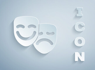 Paper cut Comedy and tragedy theatrical masks icon isolated on grey background. Paper art style. Vector