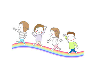 虹のアーチの上を並んで歩く子供たち