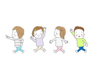 並んで歩いている子供たち　パレードしている４人の子供たち