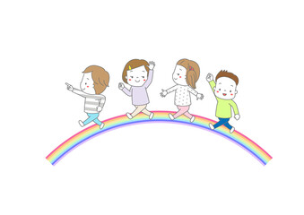 虹のアーチの上を並んで歩く子供たち