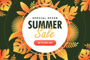 End of season summer sale banner template with green leaf and circle frame premium Vector