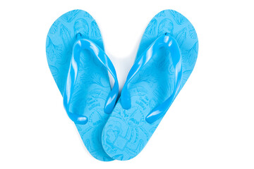 blue rubber beach flip flops on a white background, isolate, view from above