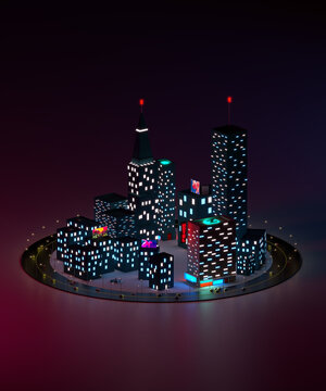 3D Illustration Of A Low Poly Modern Metropolis At Dusk
