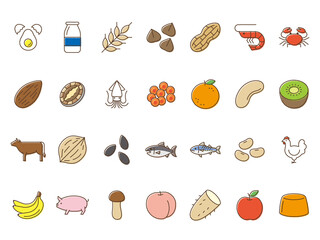 Food allergen vector icon　食物アレルギーのアイコンセット