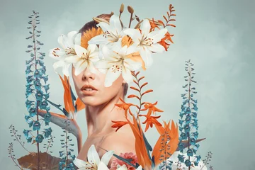 Fotobehang Abstracte kunstcollage van jonge vrouw met bloemen © Svetlana Radayeva