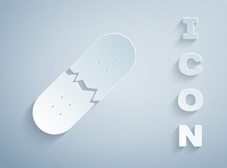 Paper cut Broken skateboard deck icon isolated on grey background. Extreme sport. Sport equipment. Paper art style. Vector