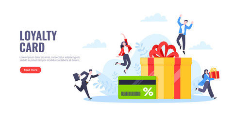 Get loyalty card and customer service business concept flat design vector illustration. Earn loyalty program points and get online reward and gifts. Tiny people with big card and gift box.