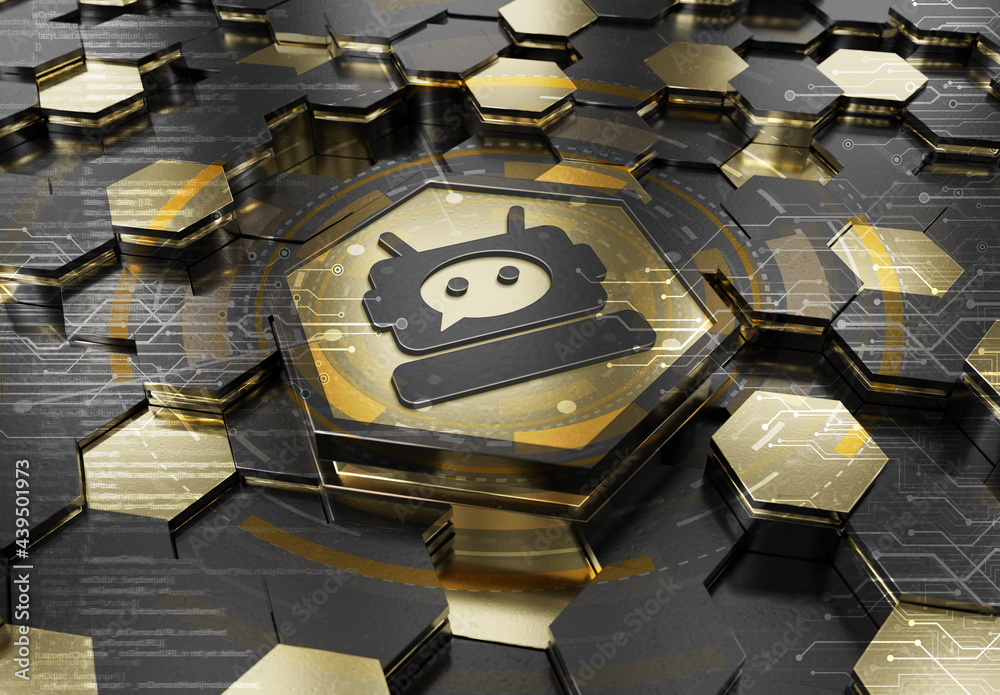 Aufkleber Chatbot icon concept engraved on gold hexagonal pedestral background. Chat bot assistance logo glowing on abstract digital surface. 3d rendering
