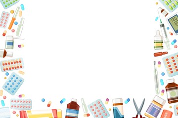 Obraz premium Medicines frame. Illustration with pills, thermometer, syringe, bandage, ointment. Medicinal drugs. Ambulance. Isolated on background. Flat design. Vector