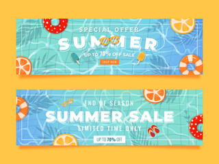 Watercolor summer sale banner template with pool, lemon and buoy Premium Vector