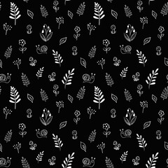 Black and white seamless pattern with a nature theme. Twigs, cepes, snail, and more are hand-drawn in a doodle style. Ready design for fabric paper, clothing and other items.