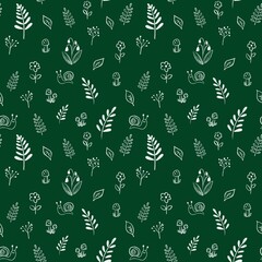 A seamless pattern with a nature theme. Twigs, cepes, snail, and more are hand-drawn in a doodle style. Ready design for fabric paper, clothing and other items.