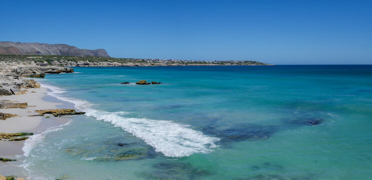 Coastal view towards Klipgat Cave in the Walker Bay Nature Reserve and Die Kelders (de Kelders). Overberg, Western Cape. South Africa