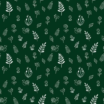 A seamless pattern with a nature theme. Twigs, cepes, snail, and more are hand-drawn in a doodle style. Ready design for fabric paper, clothing and other items.