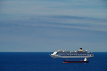 Costa cruiseships or cruise ship liners Pacifica, Fortuna and Favolosa anchored at sea offshore of...