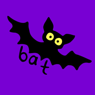 Cute bat with glowing eyes drawn in cartoon flat style. Vector black silhouette isolated. For halloween design, greeting card