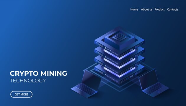 Crypto farm isometric illustration. Mining futuristic technology concept. Laptops connected with network blockchain server. Electronic cryptocurrency payment.