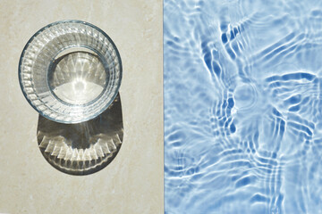 A glass of iced cold water placing on the travertine marble stone by the beautiful swimming pool in the sunny morning.