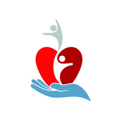 hand holding apple and people illustration, icon for charity or foundation.