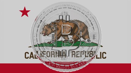 Large transparent Glass Bitcoin in center and on top of the US State Flag of California